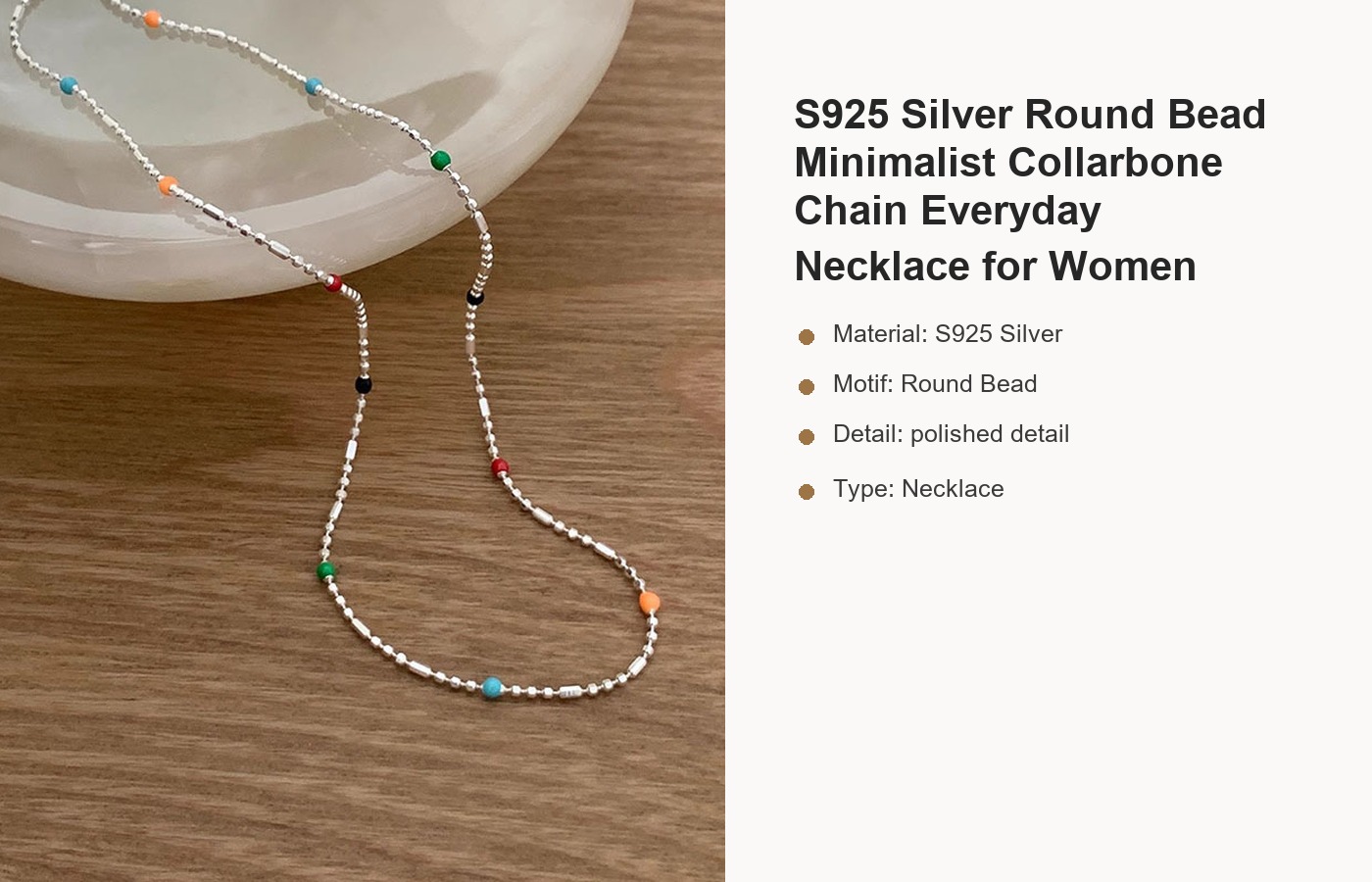 S925 Silver Round Bead Minimalist Collarbone Chain Everyday Necklace for Women detail image