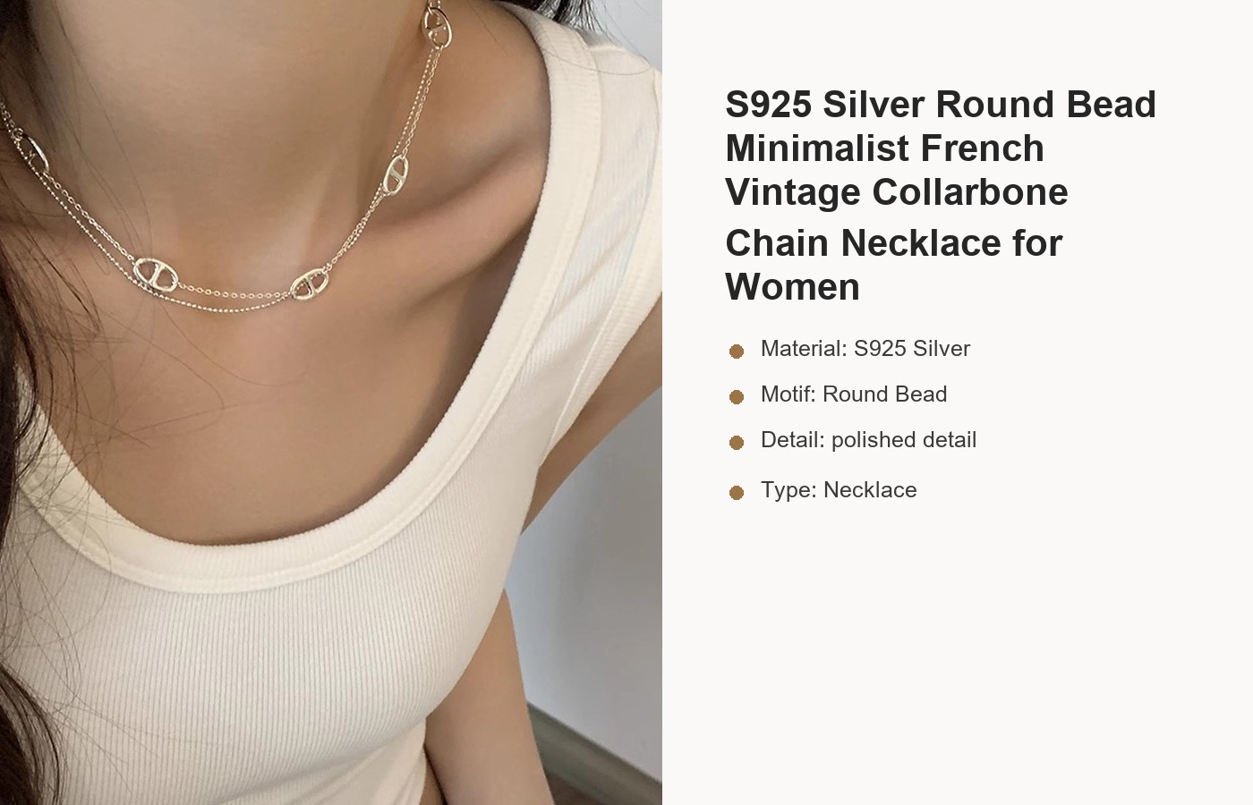 S925 Silver Round Bead Minimalist French Vintage Collarbone Chain Necklace for Women detail image