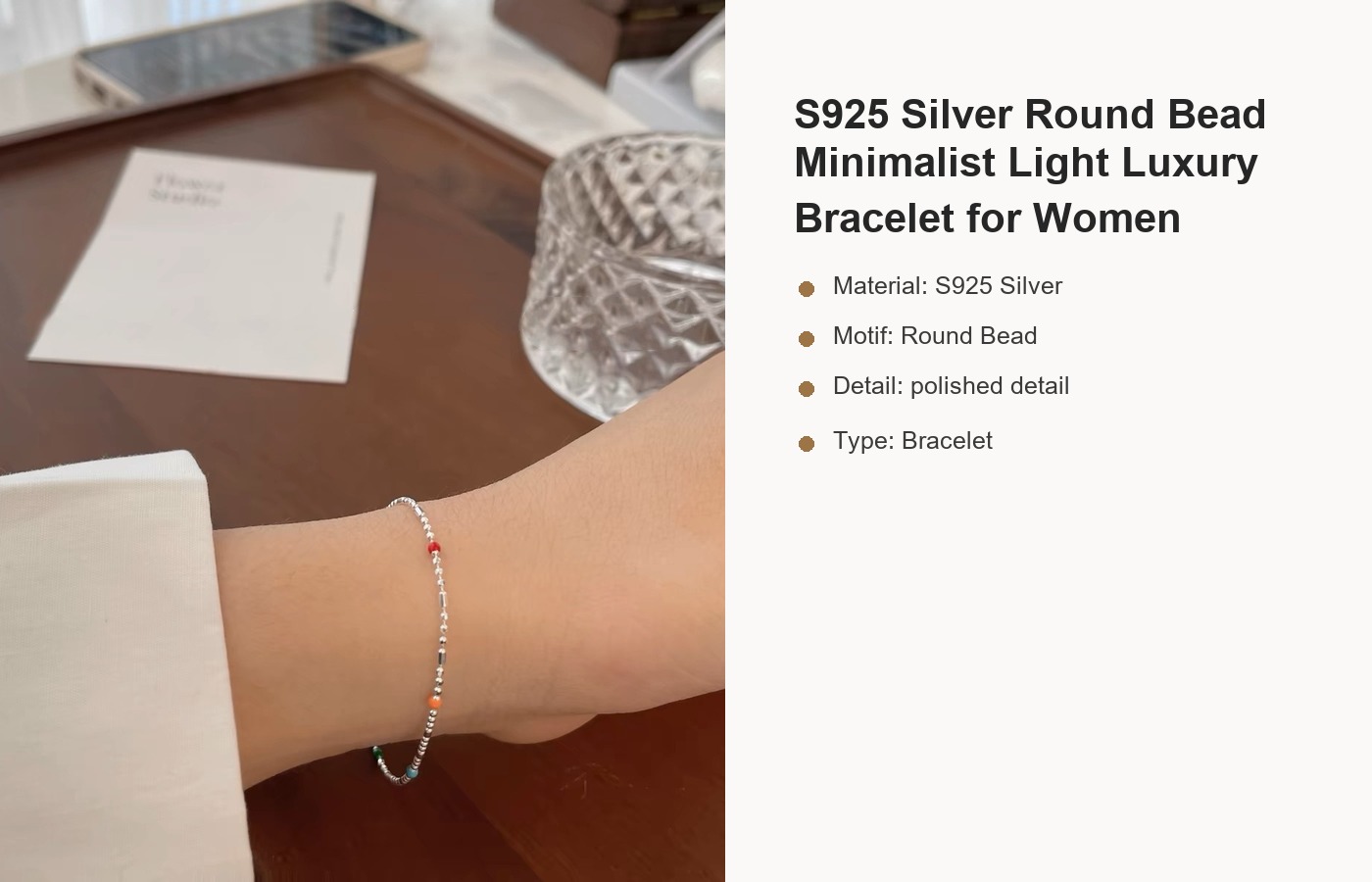 S925 Silver Round Bead Minimalist Light Luxury Bracelet for Women detail image