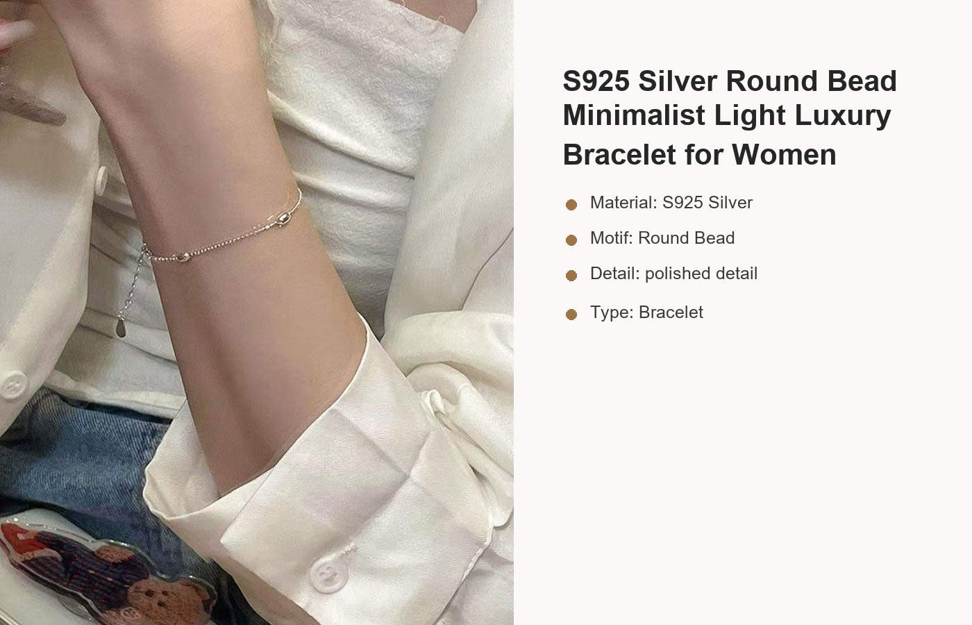 S925 Silver Round Bead Minimalist Light Luxury Bracelet for Women detail image
