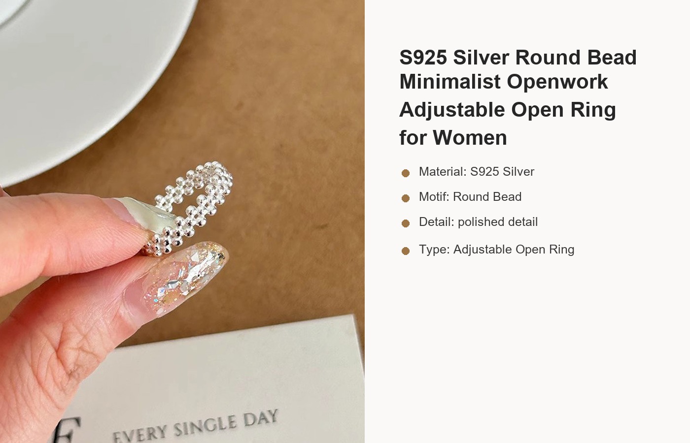 S925 Silver Round Bead Minimalist Openwork Adjustable Open Ring for Women detail image