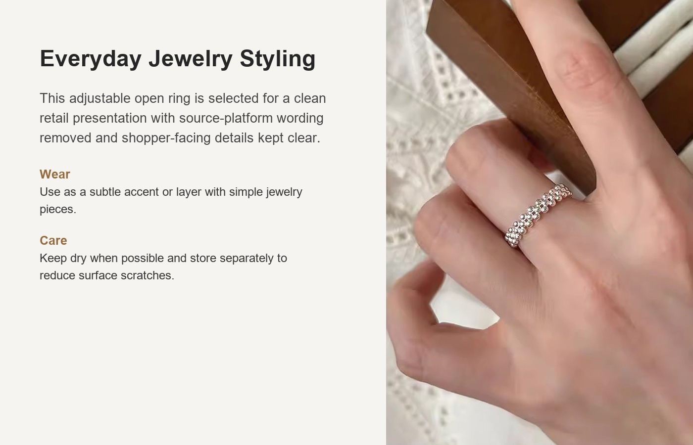 S925 Silver Round Bead Minimalist Openwork Adjustable Open Ring for Women detail image
