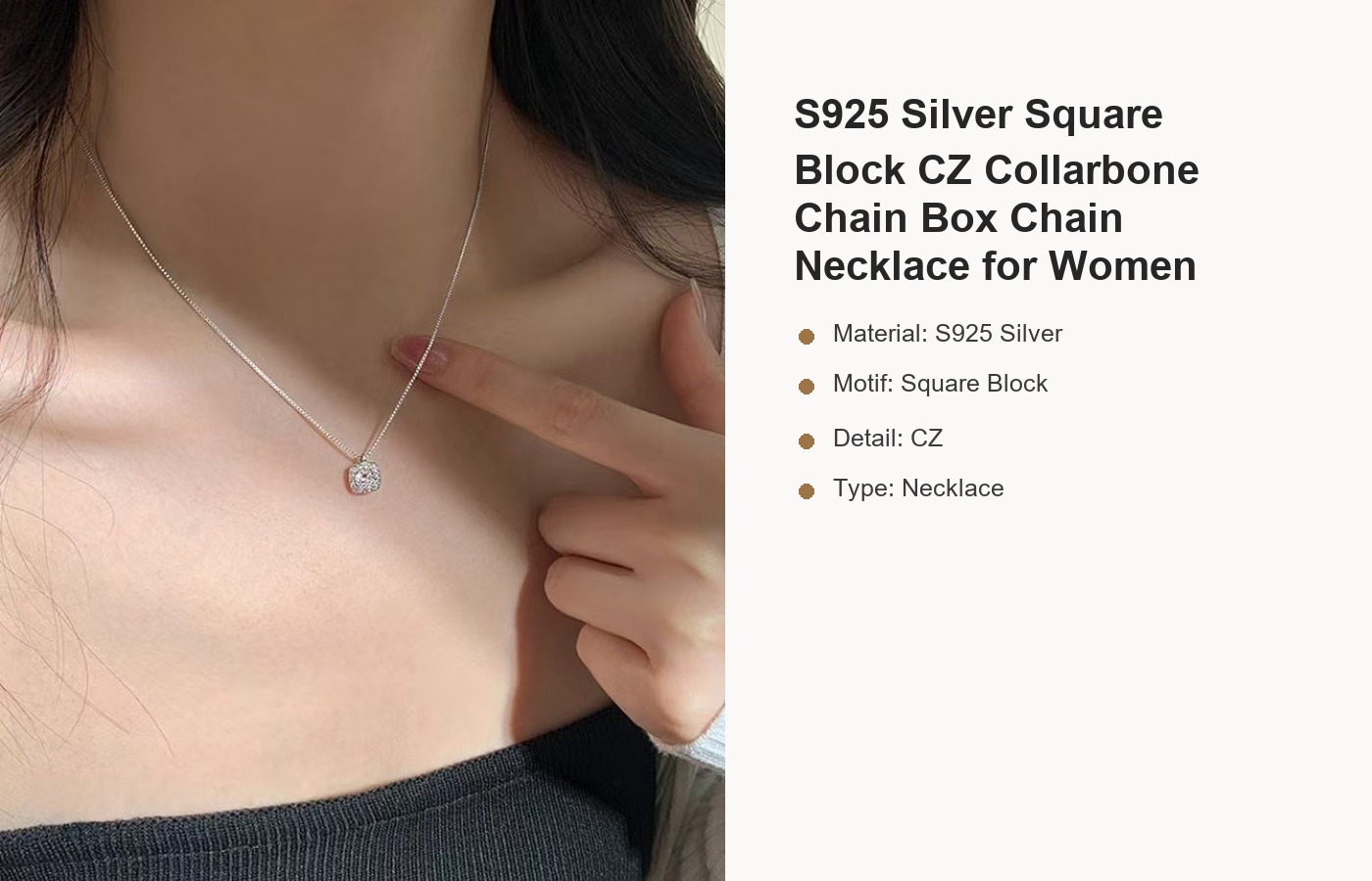 S925 Silver Square Block CZ Collarbone Chain Box Chain Necklace for Women detail image
