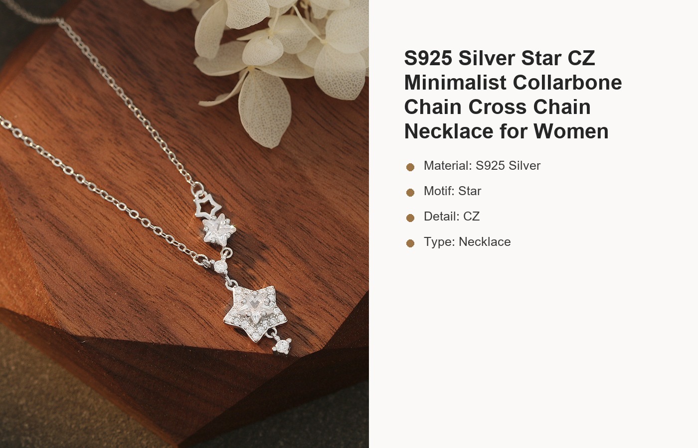 S925 Silver Star CZ Minimalist Collarbone Chain Cross Chain Necklace for Women detail image