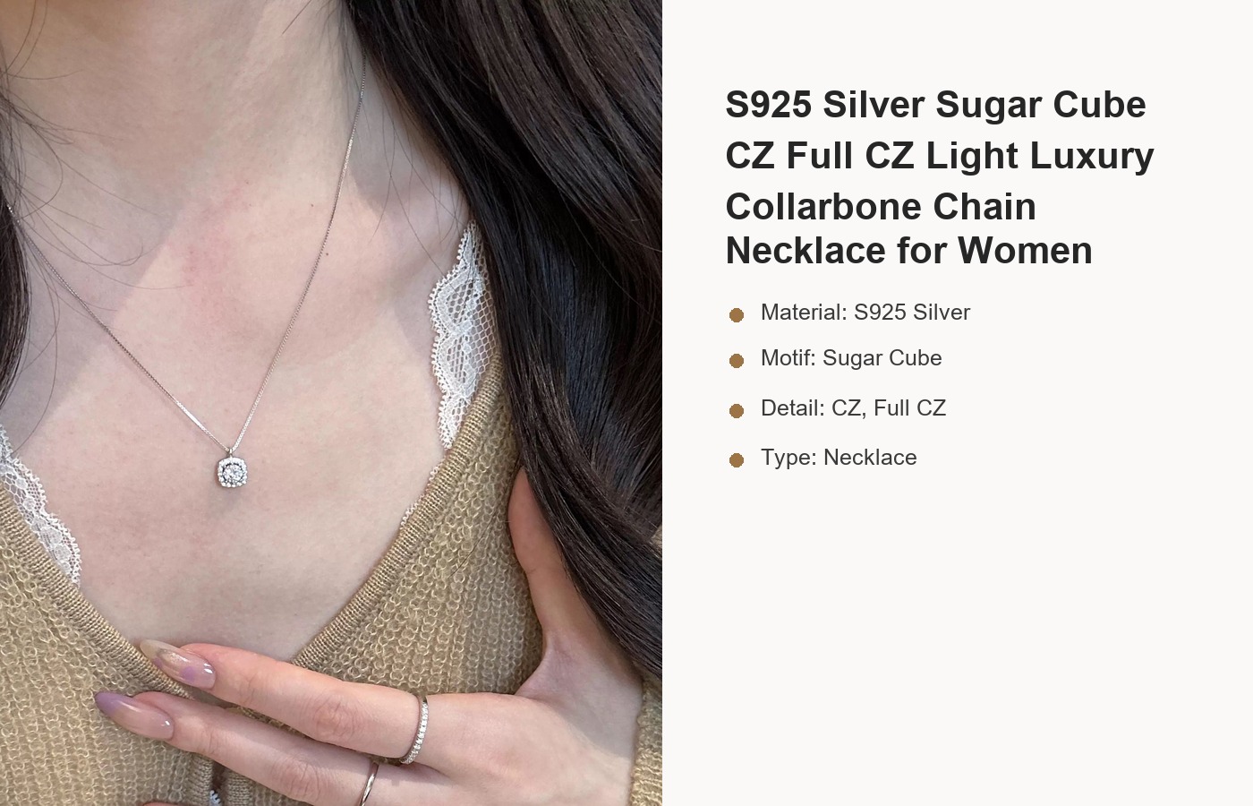 S925 Silver Sugar Cube CZ Full CZ Light Luxury Collarbone Chain Necklace for Women detail image