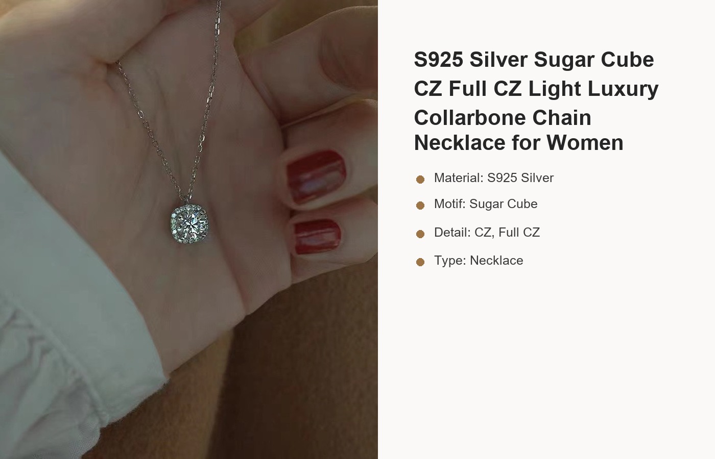 S925 Silver Sugar Cube CZ Full CZ Light Luxury Collarbone Chain Necklace for Women detail image