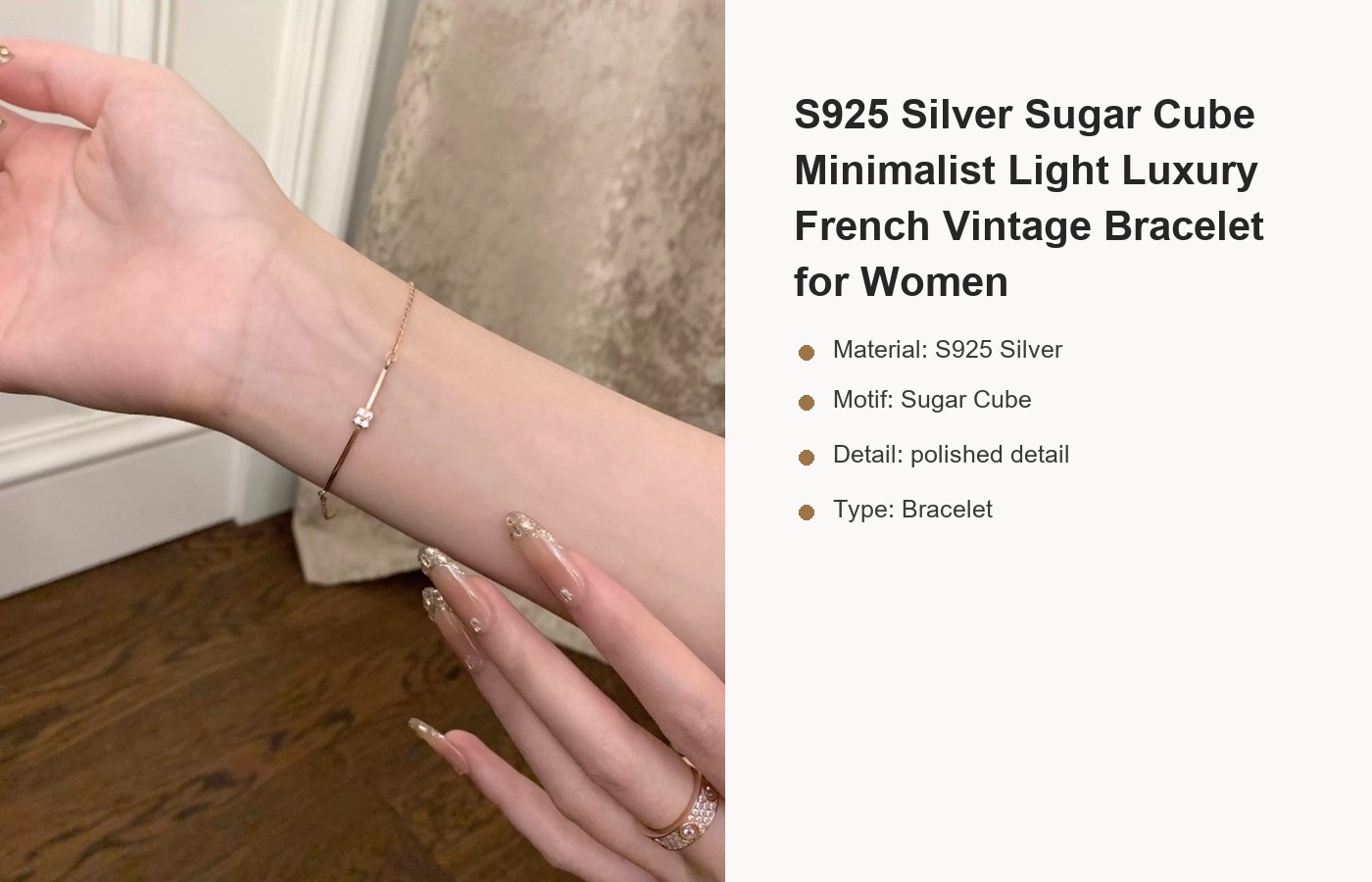 S925 Silver Sugar Cube Minimalist Light Luxury French Vintage Bracelet for Women detail image