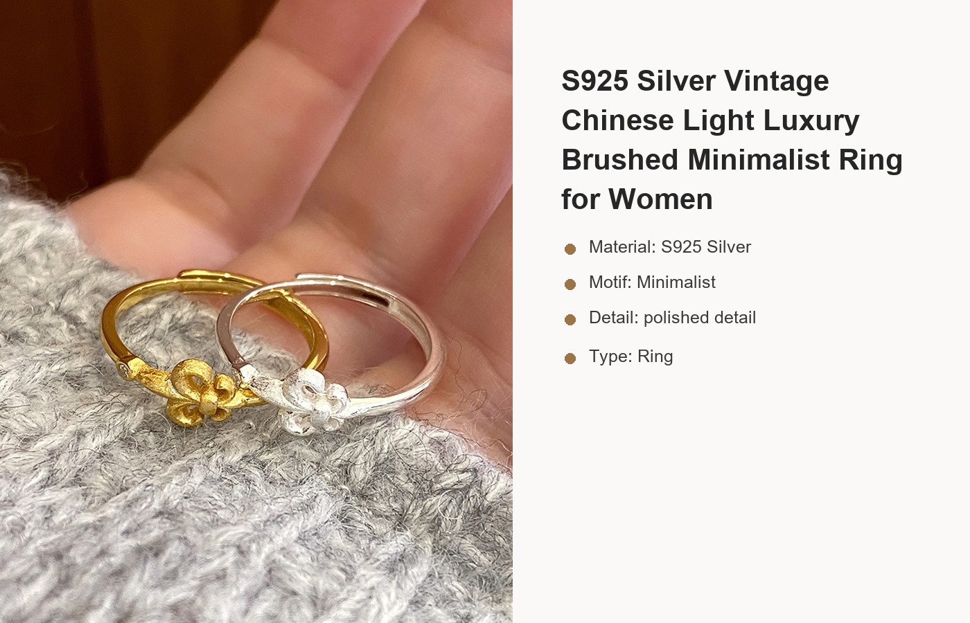 S925 Silver Vintage Chinese Light Luxury Brushed Minimalist Ring for Women detail image
