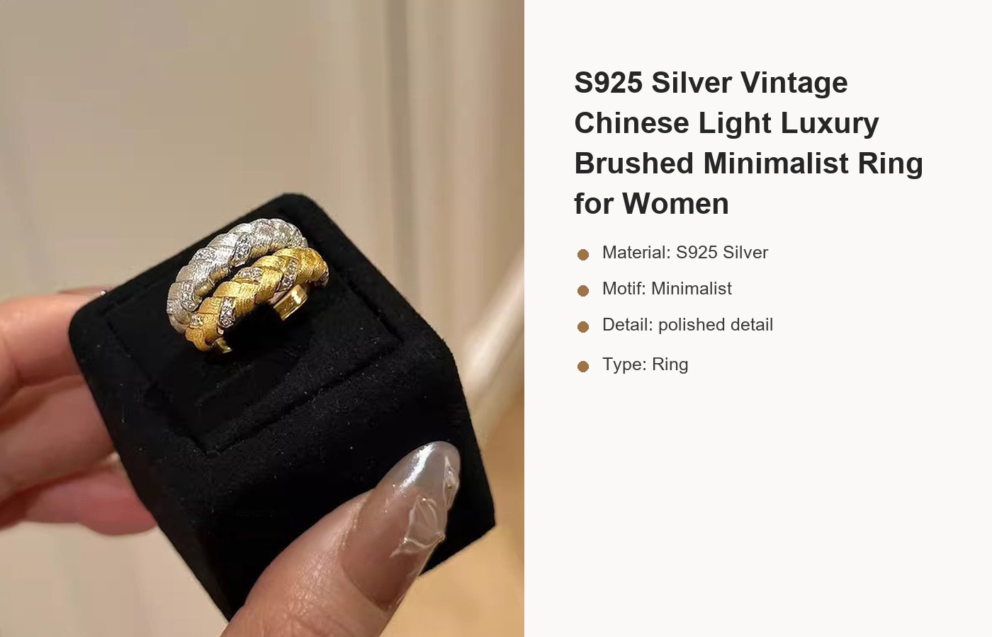 S925 Silver Vintage Chinese Light Luxury Brushed Minimalist Ring for Women detail image