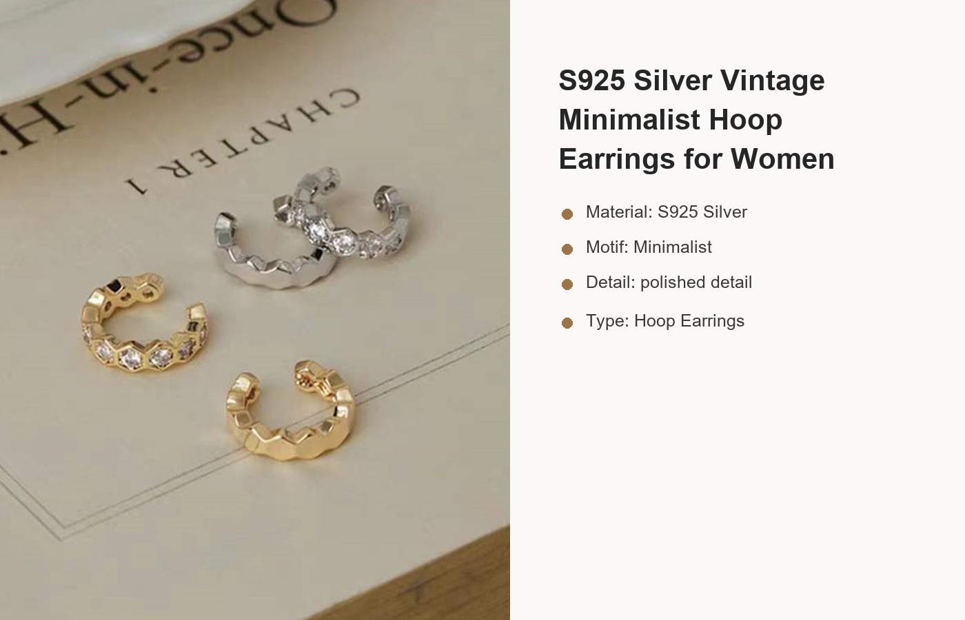 S925 Silver Vintage Minimalist Hoop Earrings for Women detail image