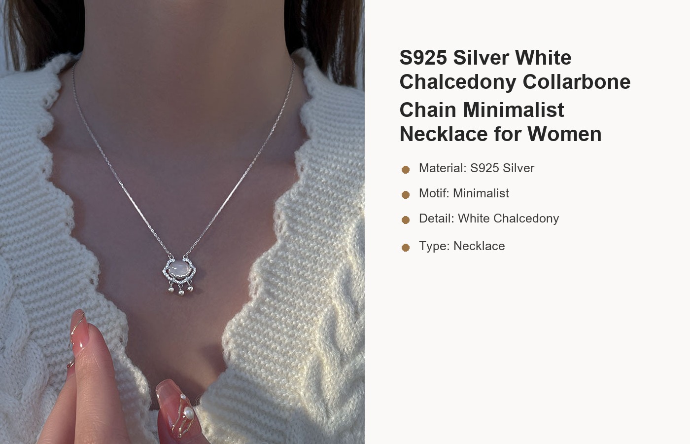 S925 Silver White Chalcedony Collarbone Chain Minimalist Necklace for Women detail image