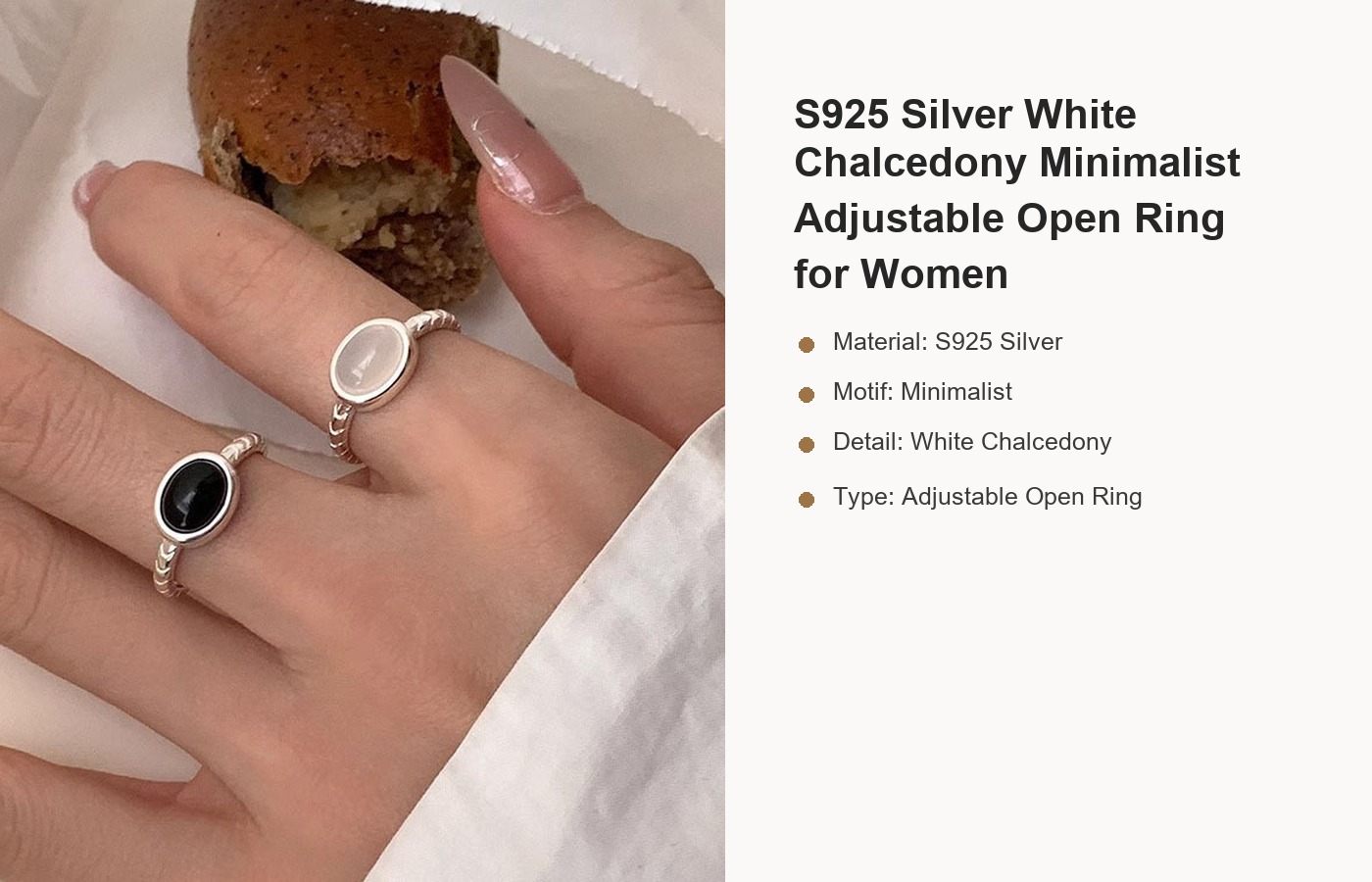 S925 Silver White Chalcedony Minimalist Adjustable Open Ring for Women detail image
