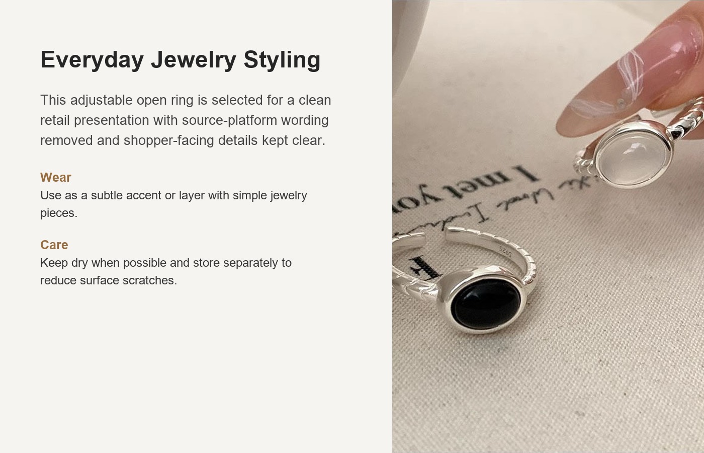 S925 Silver White Chalcedony Minimalist Adjustable Open Ring for Women detail image