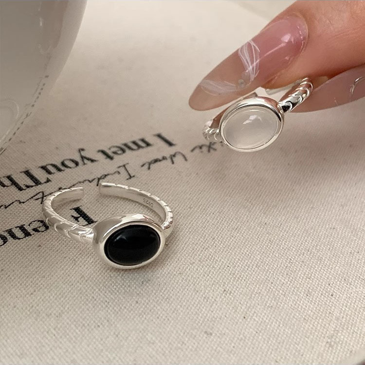 S925 Silver White Chalcedony Minimalist Adjustable Open Ring for Women main image 1