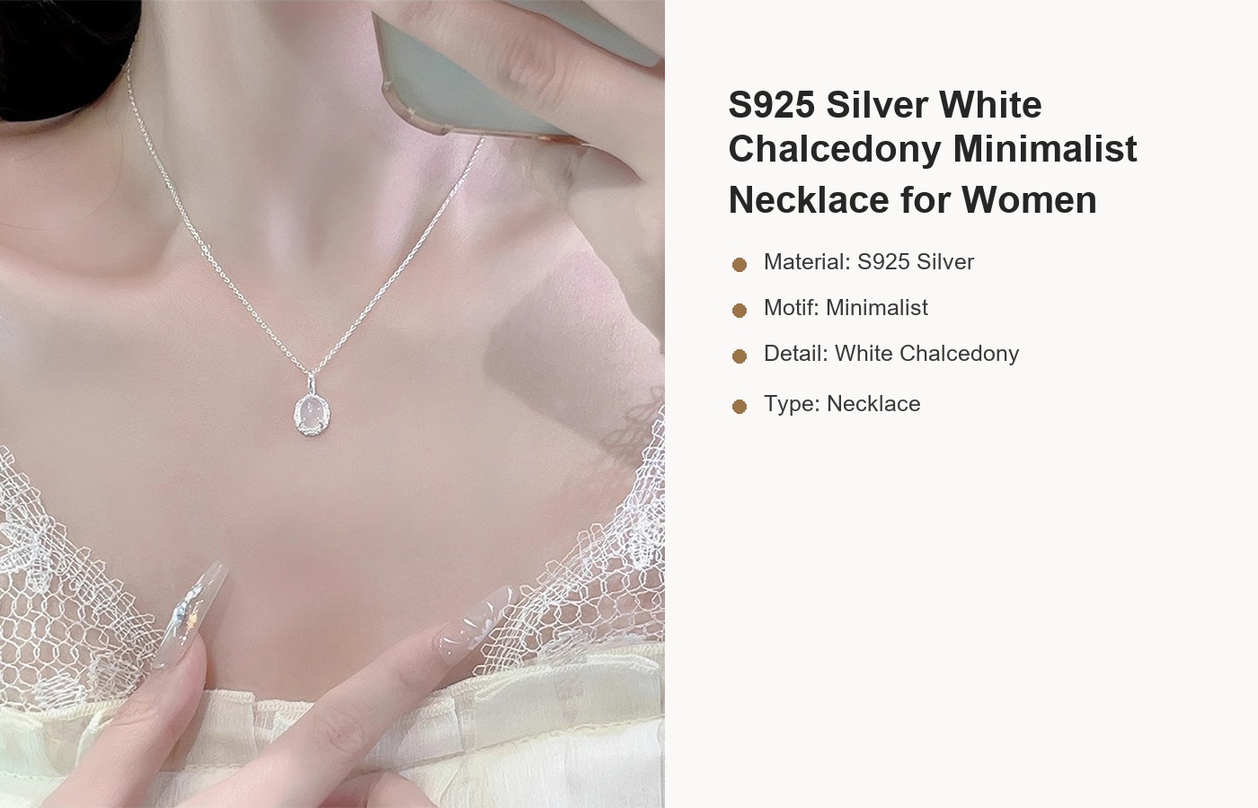 S925 Silver White Chalcedony Minimalist Necklace for Women detail image