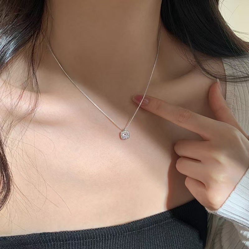 S925 Silver Square Block CZ Collarbone Chain Box Chain Necklace for Women product image 2