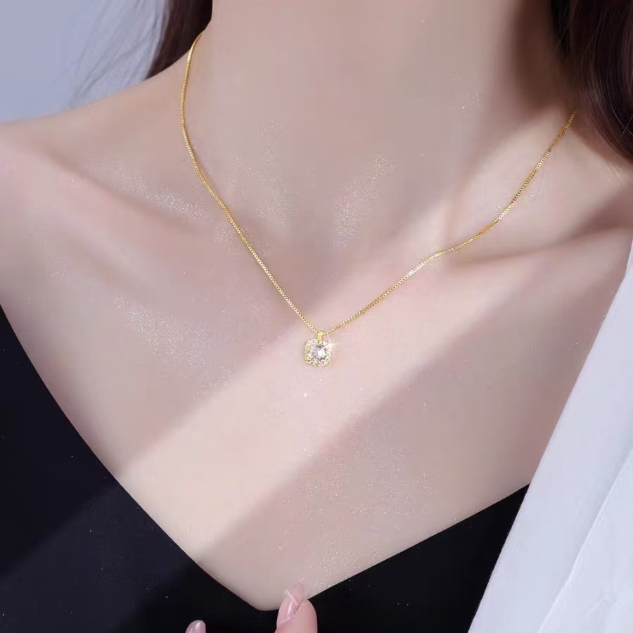 S925 Silver Square Block CZ Collarbone Chain Box Chain Necklace for Women product image 3
