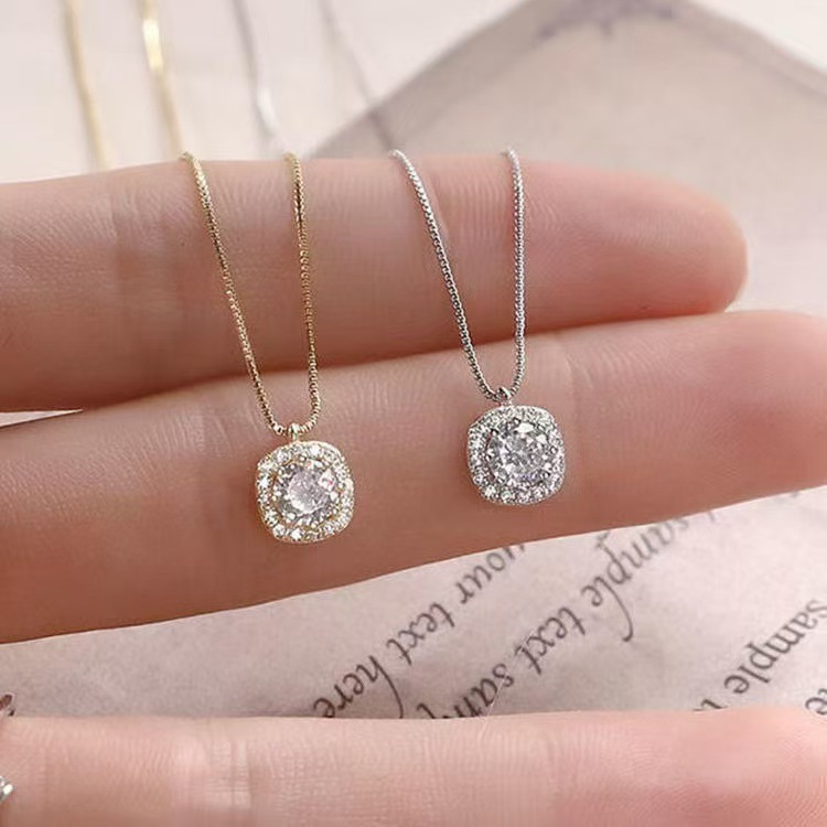 S925 Silver Square Block CZ Collarbone Chain Box Chain Necklace for Women product image 4