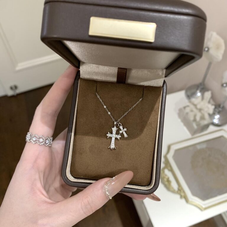 S925 silver layered gothic double cross CZ necklace in jewelry box