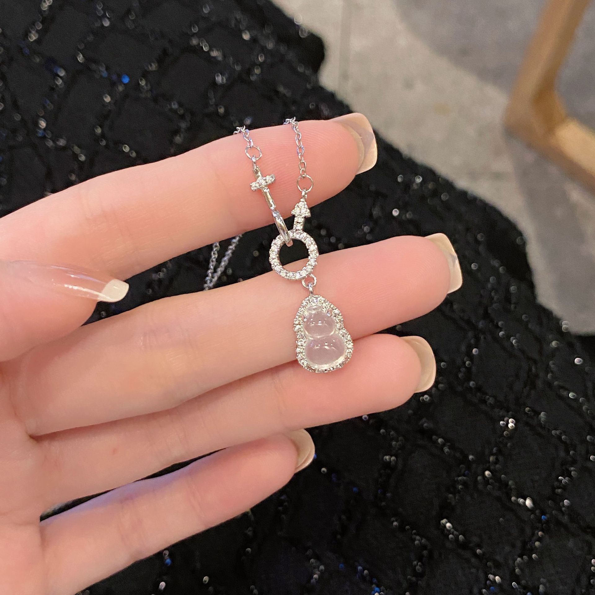 S925 Silver Gourd CZ White Chalcedony Modern Chinese Vintage Necklace for Women product image 2