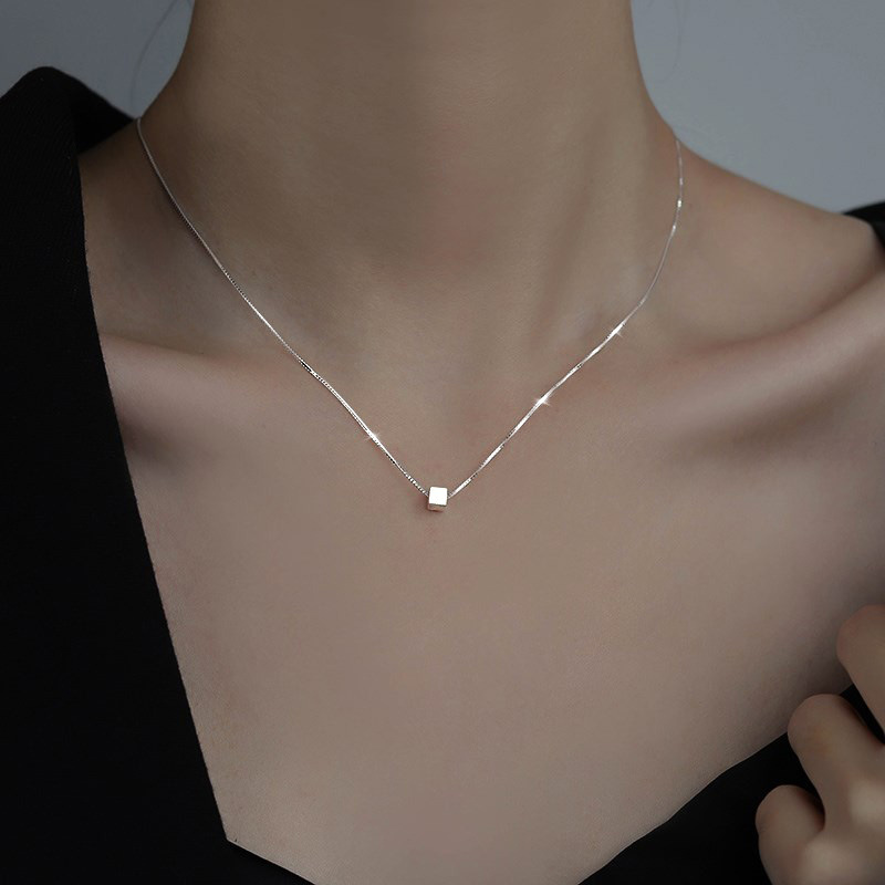 S925 Silver Square Block Minimalist Brushed Collarbone Chain Necklace for Women product image 1