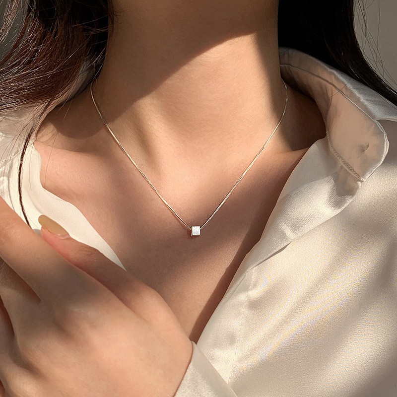 S925 Silver Square Block Minimalist Brushed Collarbone Chain Necklace for Women product image 3