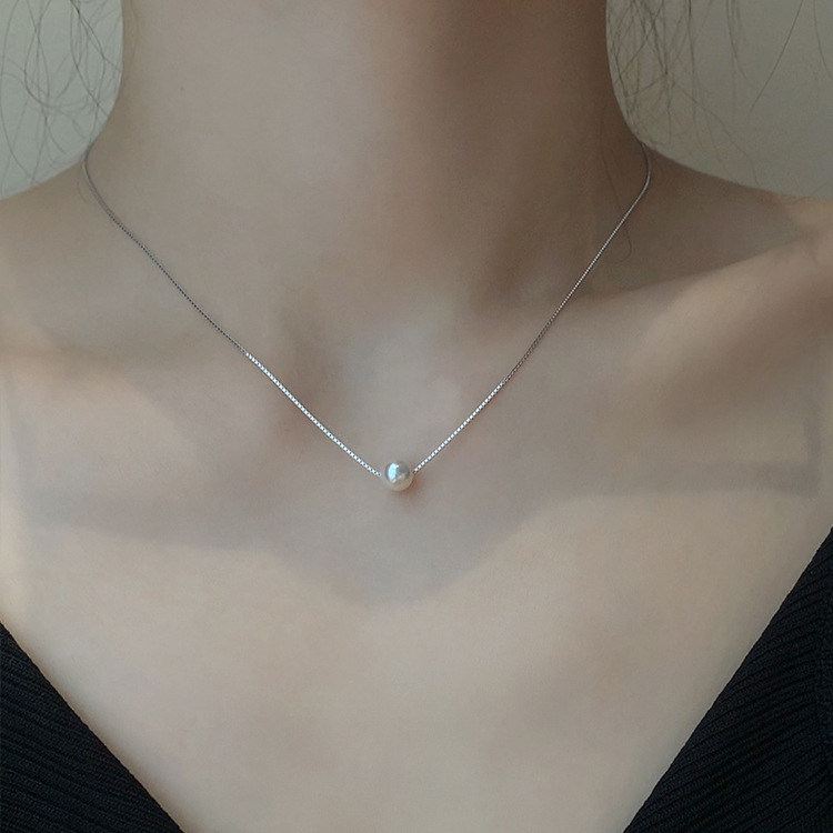 S925 Silver Pearl Minimalist Collarbone Chain Box Chain Necklace for Women product image 3