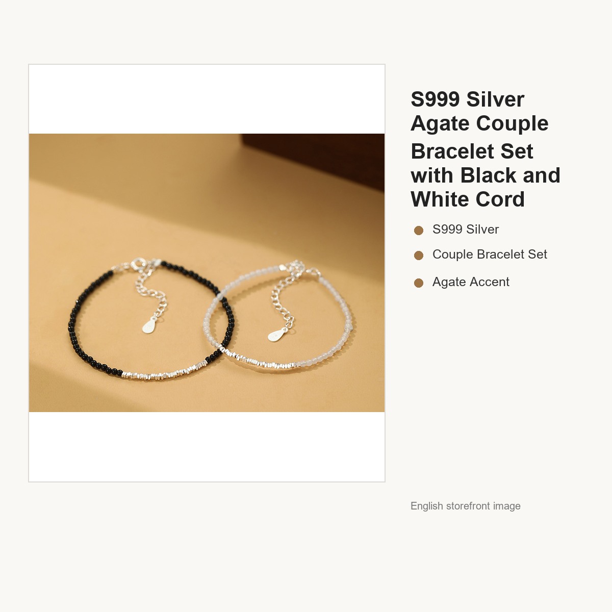 S999 Silver Agate Couple Bracelet Set with Black and White Cord gallery image 1