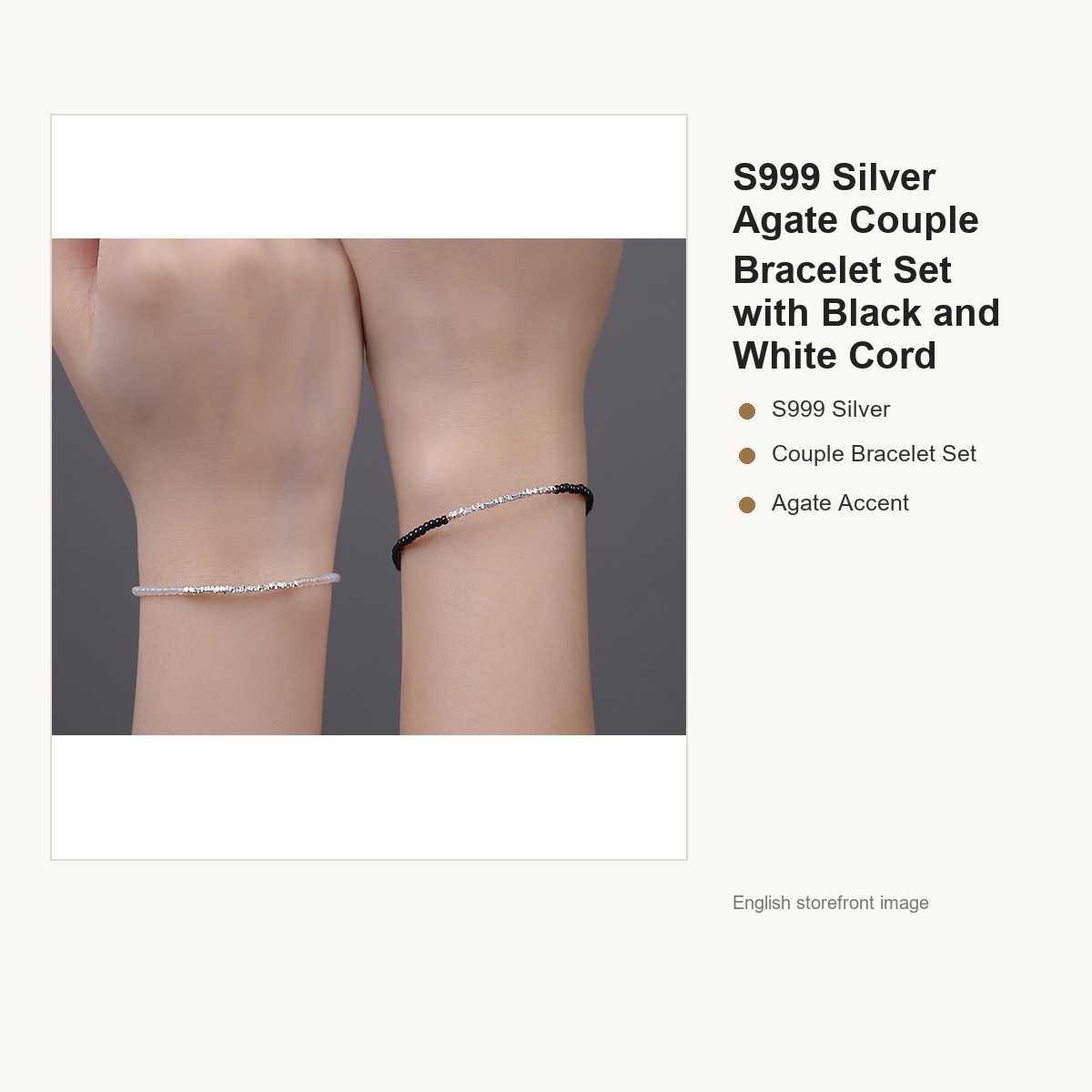 S999 Silver Agate Couple Bracelet Set with Black and White Cord gallery image 3
