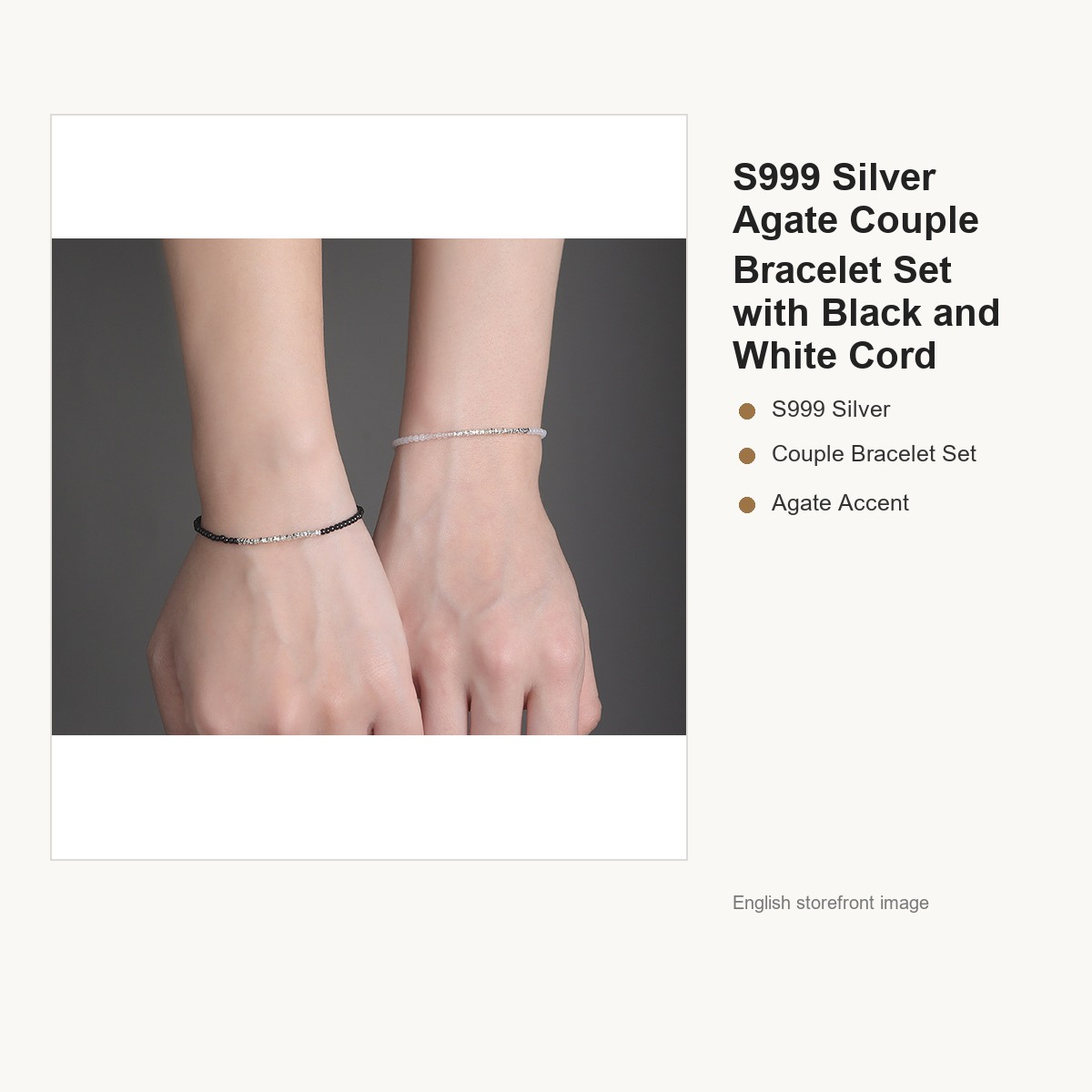 S999 Silver Agate Couple Bracelet Set with Black and White Cord gallery image 4