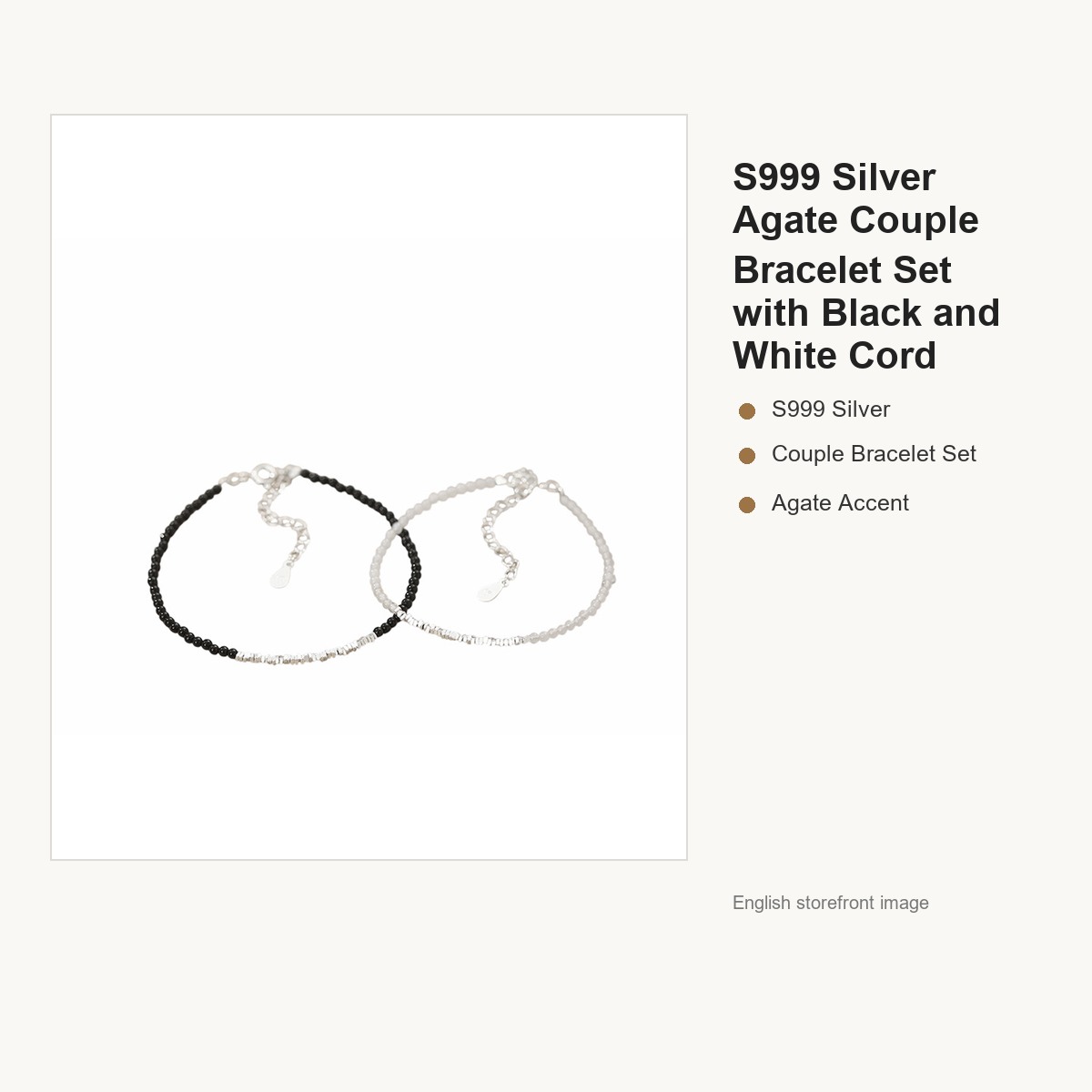 S999 Silver Agate Couple Bracelet Set with Black and White Cord gallery image 5