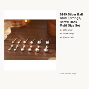 S999 Silver Ball Stud Earrings, Screw Back Multi Size Set gallery image 1