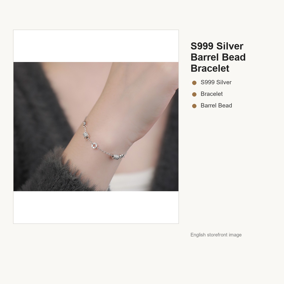 S999 Silver Barrel Bead Bracelet for Women gallery image 4