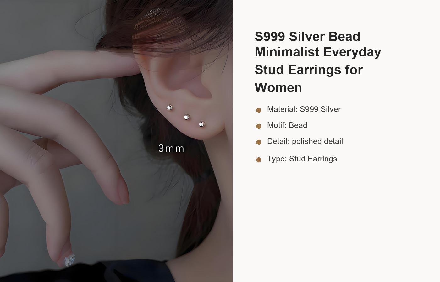 S999 Silver Bead Minimalist Everyday Stud Earrings for Women detail image