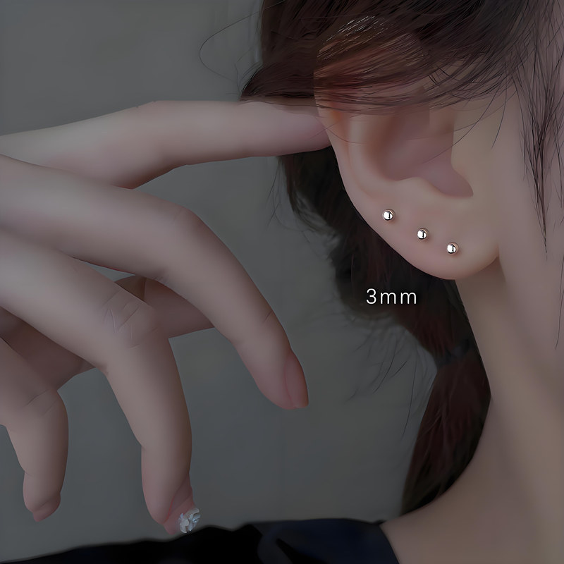 S999 Silver Bead Minimalist Everyday Stud Earrings for Women main image 2