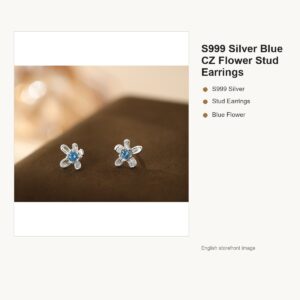 S999 Silver Blue CZ Flower Stud Earrings for Women gallery image 1