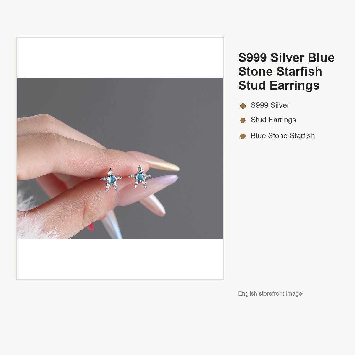 S999 Silver Blue Stone Starfish Stud Earrings for Women gallery image 2