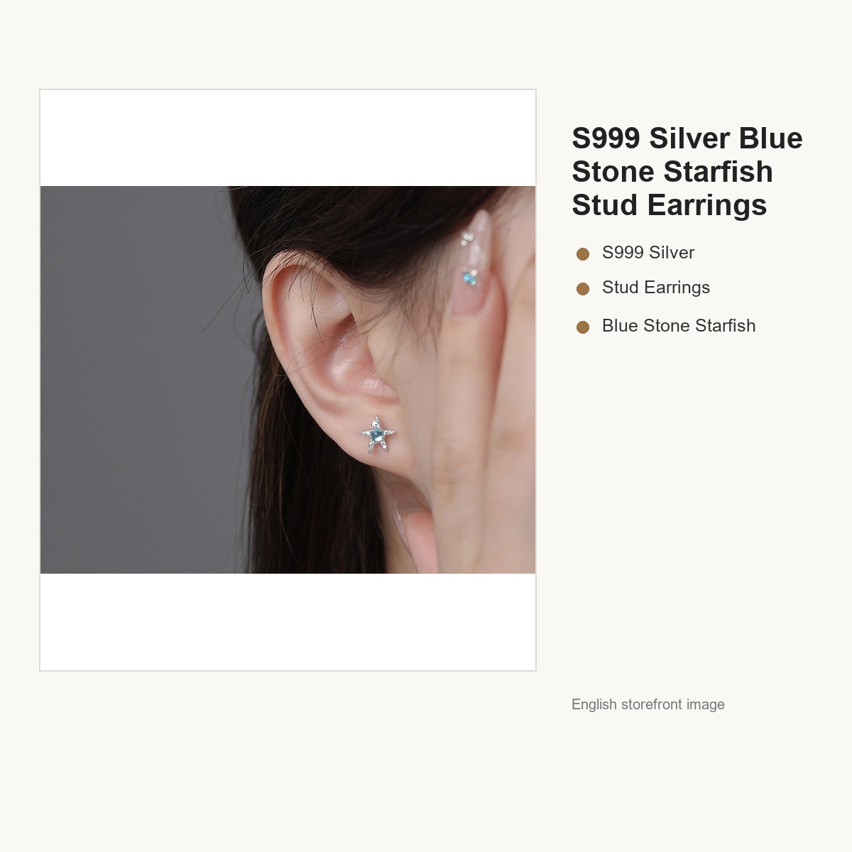 S999 Silver Blue Stone Starfish Stud Earrings for Women gallery image 3