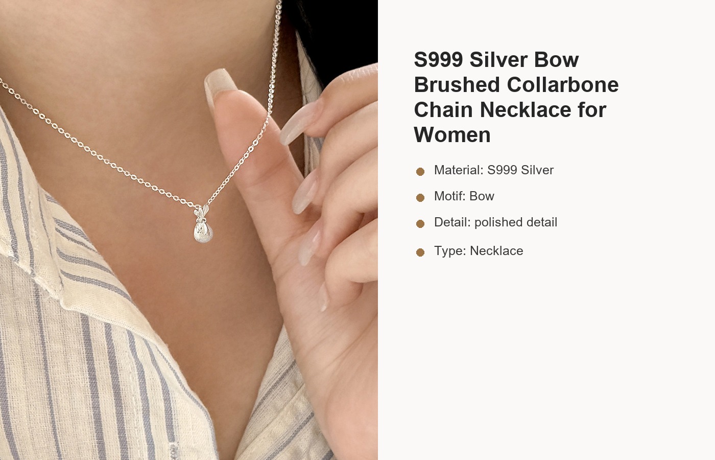 S999 Silver Bow Brushed Collarbone Chain Necklace for Women detail image