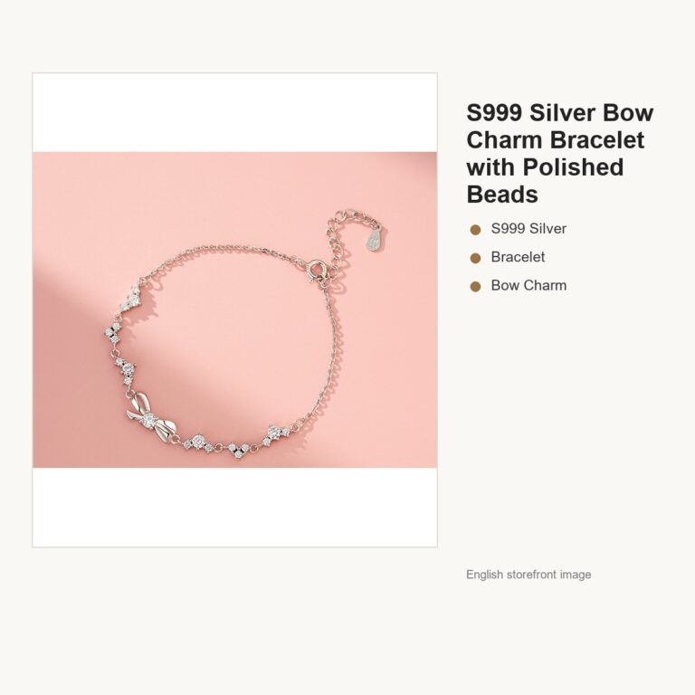 S999 Silver Bow Charm Bracelet with Polished Beads gallery image 1
