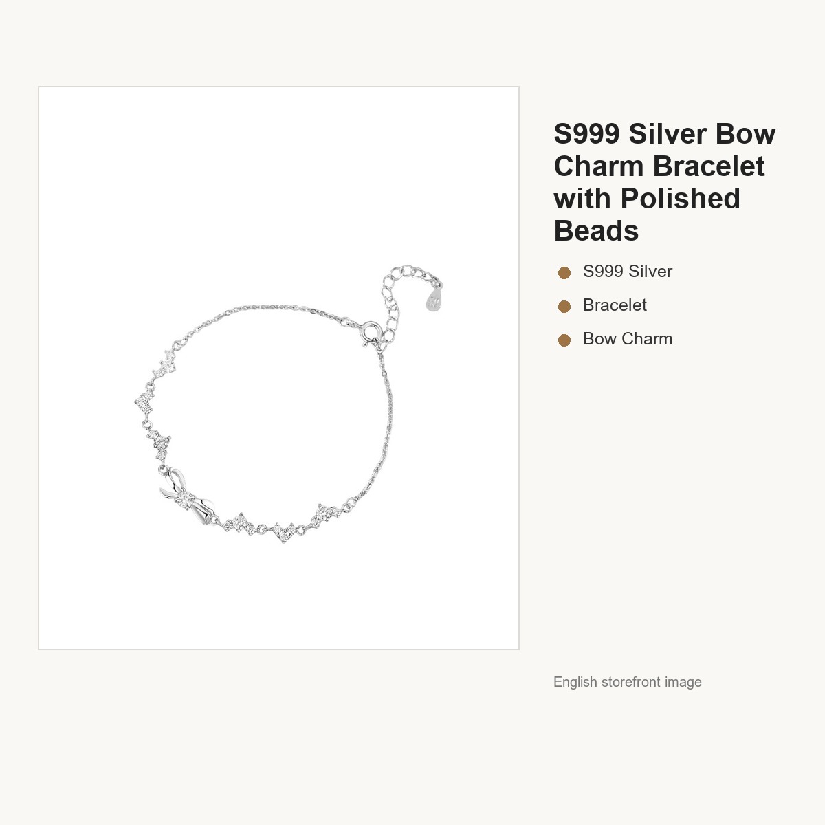 S999 Silver Bow Charm Bracelet with Polished Beads gallery image 5