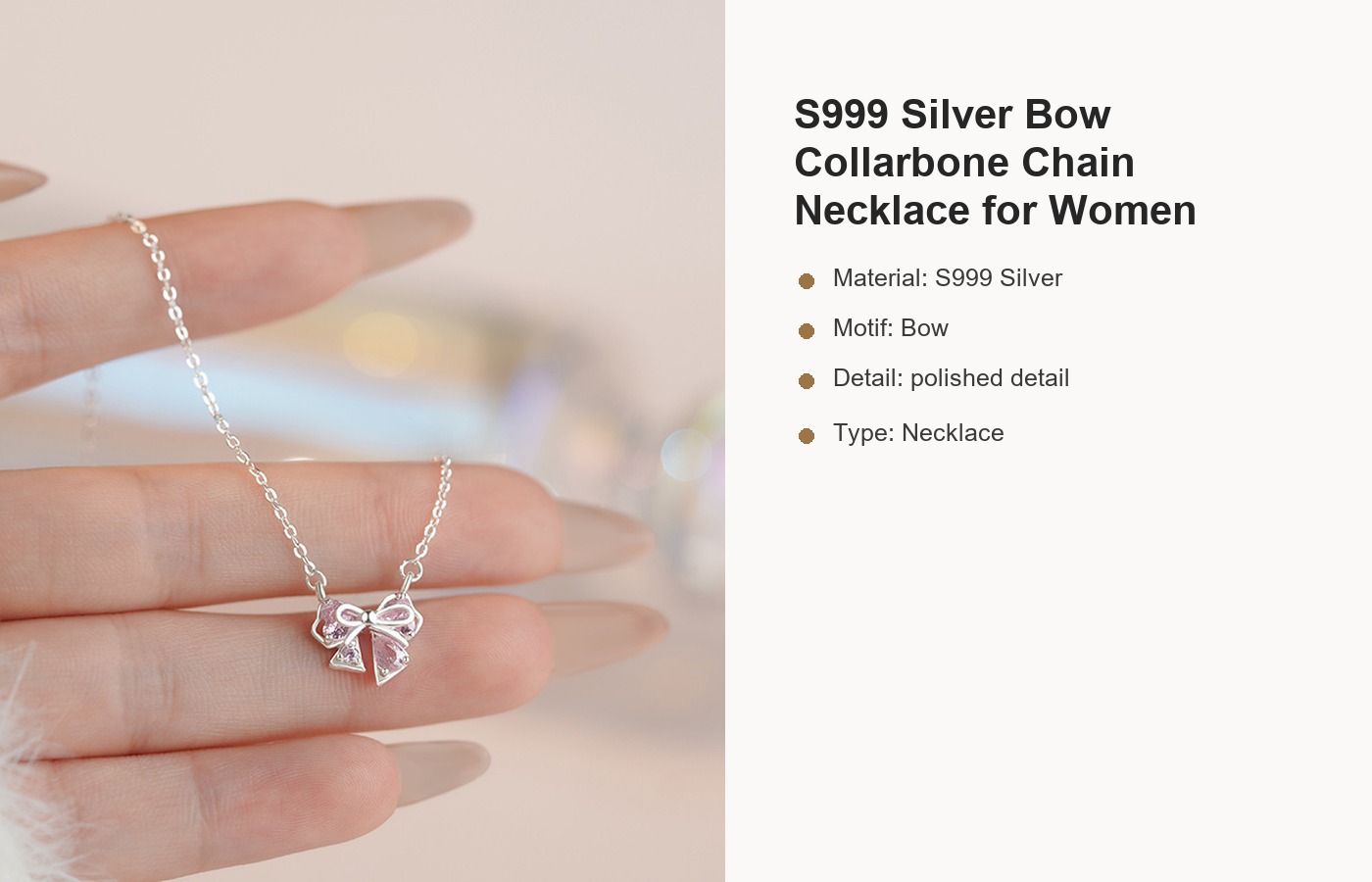 S999 Silver Bow Collarbone Chain Necklace for Women detail image