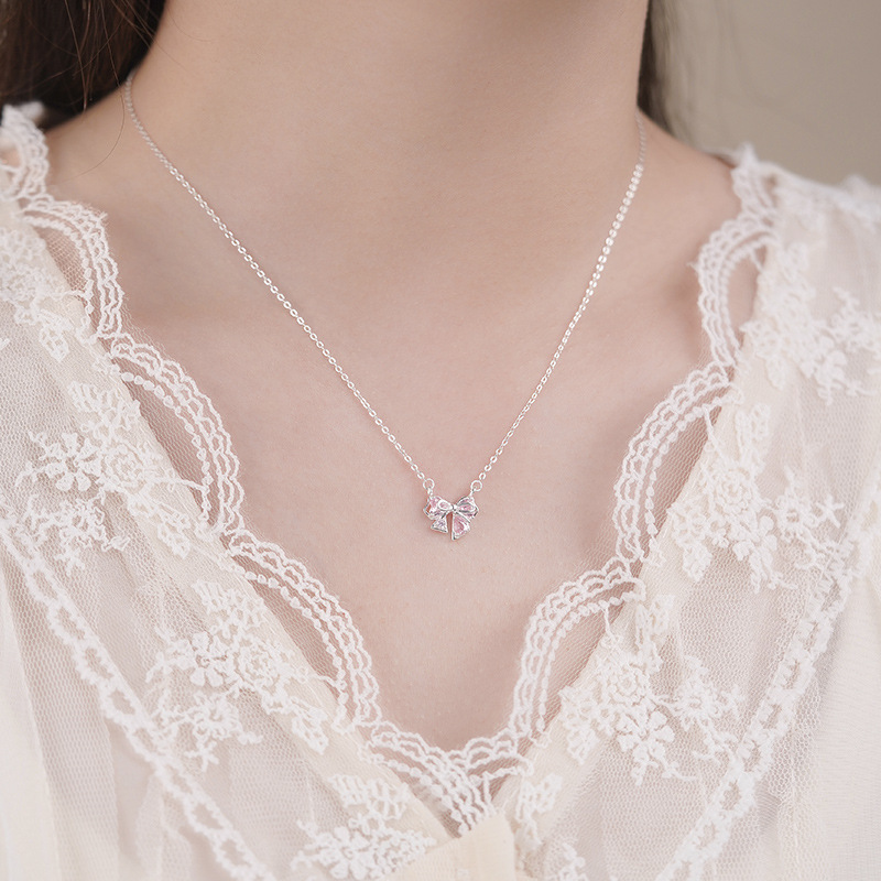 S999 Silver Bow Collarbone Chain Necklace for Women main image 3