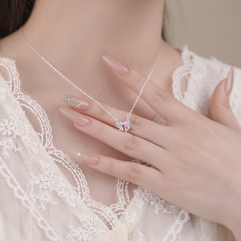 S999 Silver Bow Collarbone Chain Necklace for Women main image 4