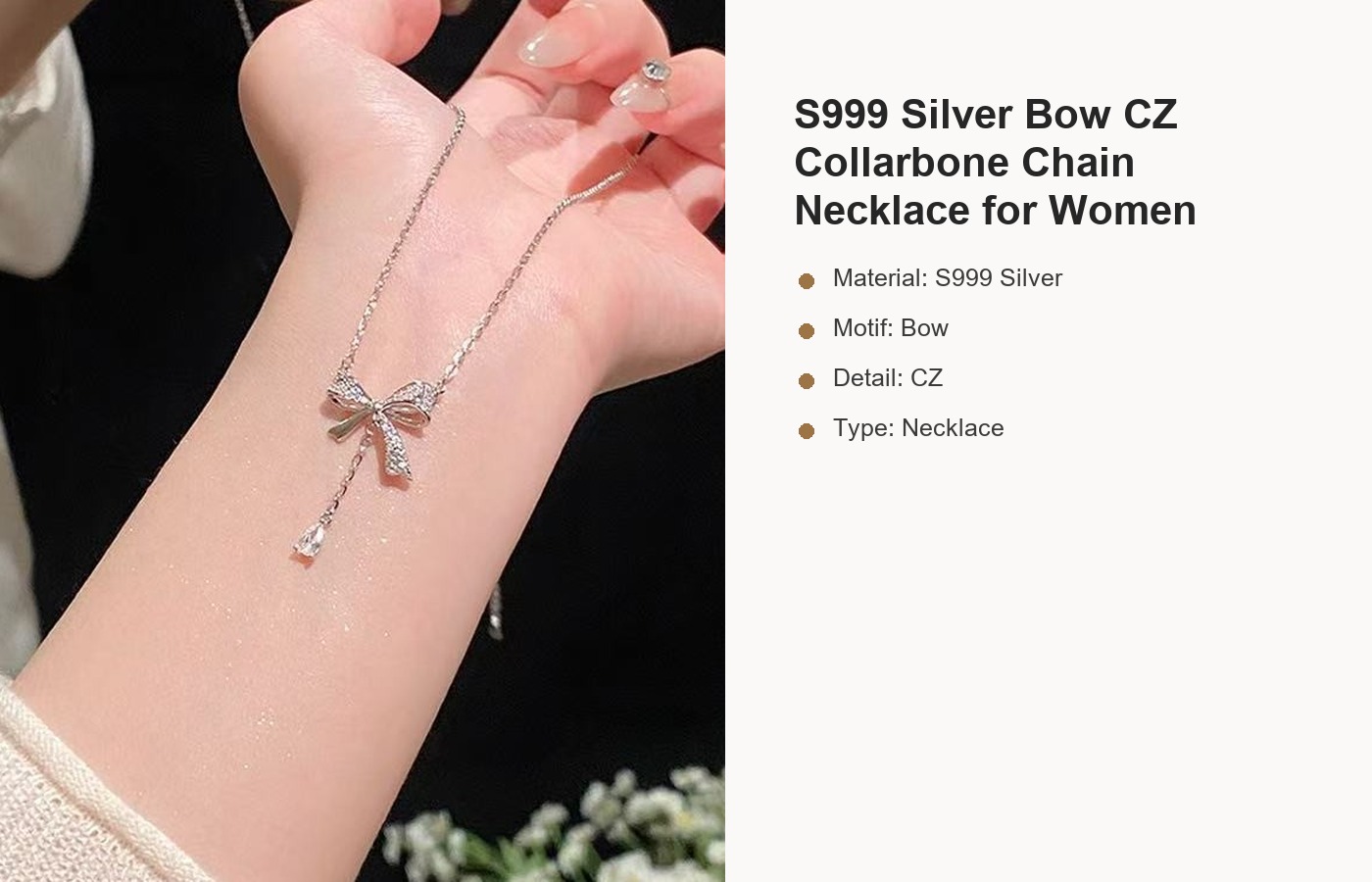 S999 Silver Bow CZ Collarbone Chain Necklace for Women detail image