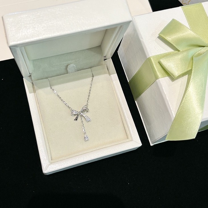 S999 Silver Bow CZ Collarbone Chain Necklace for Women main image 1