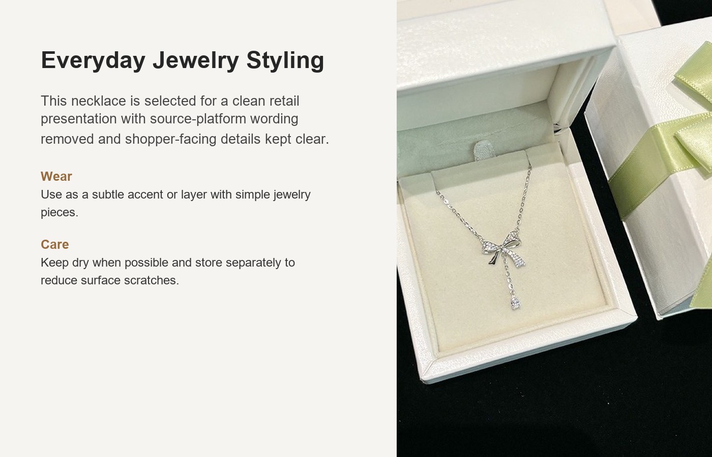 S999 Silver Bow CZ Collarbone Chain Necklace for Women detail image