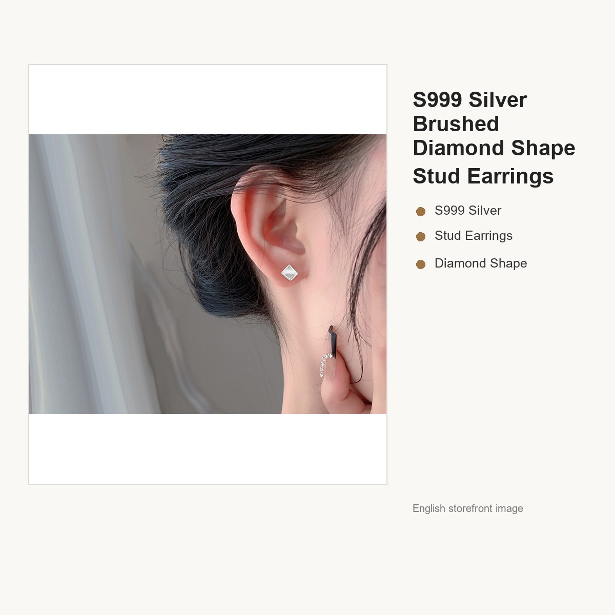 S999 Silver Brushed Diamond Shape Stud Earrings for Women gallery image 4