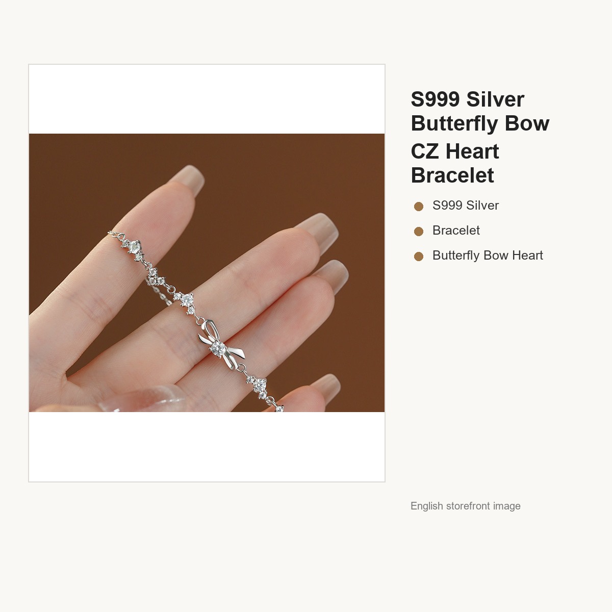 S999 Silver Butterfly Bow CZ Heart Bracelet for Women gallery image 2