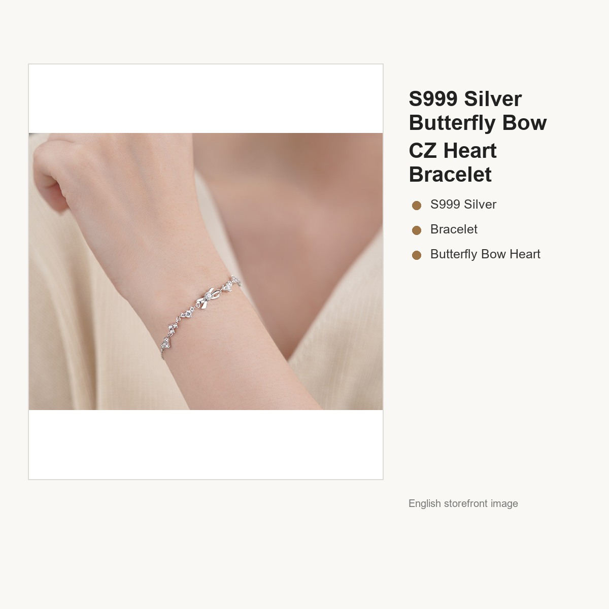 S999 Silver Butterfly Bow CZ Heart Bracelet for Women gallery image 3